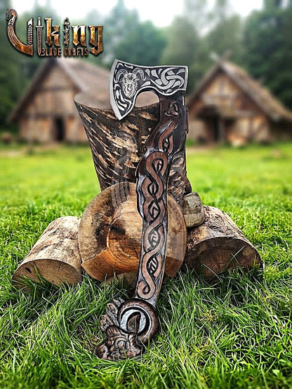 Geit Norse Axe | Goat Totem Handle | Hand Forged Steel