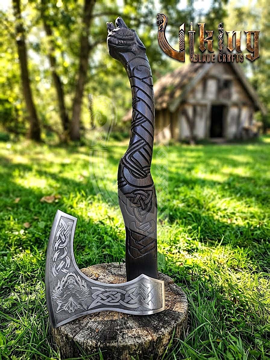 Fenrir Viking Axe | Hand Carved Wolf Handle | Forged Steel