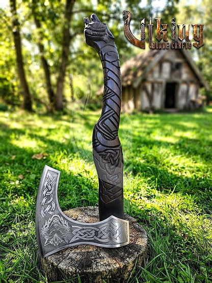 Fenrir Viking Axe | Hand Carved Wolf Handle | Forged Steel
