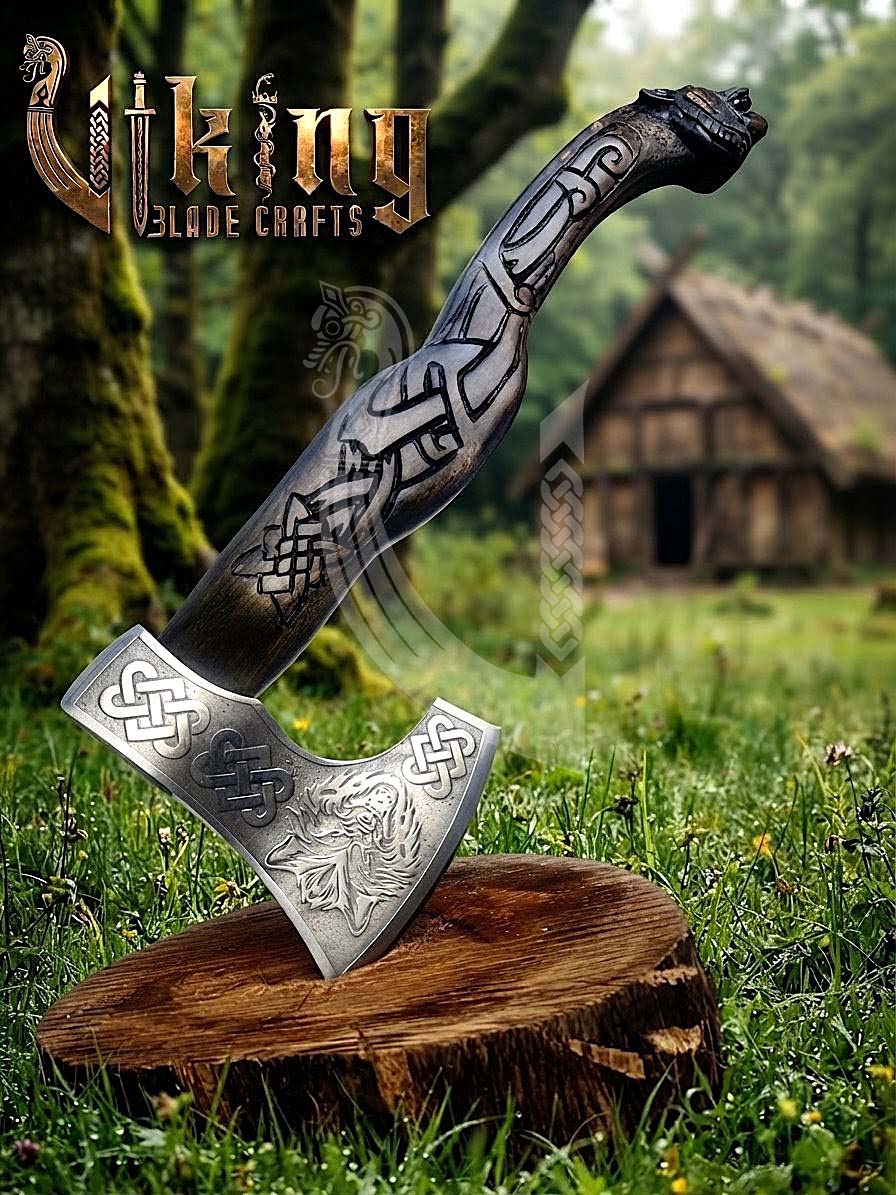 Hand Carved Viking Axe | Wolf Head Handle | Forged Steel