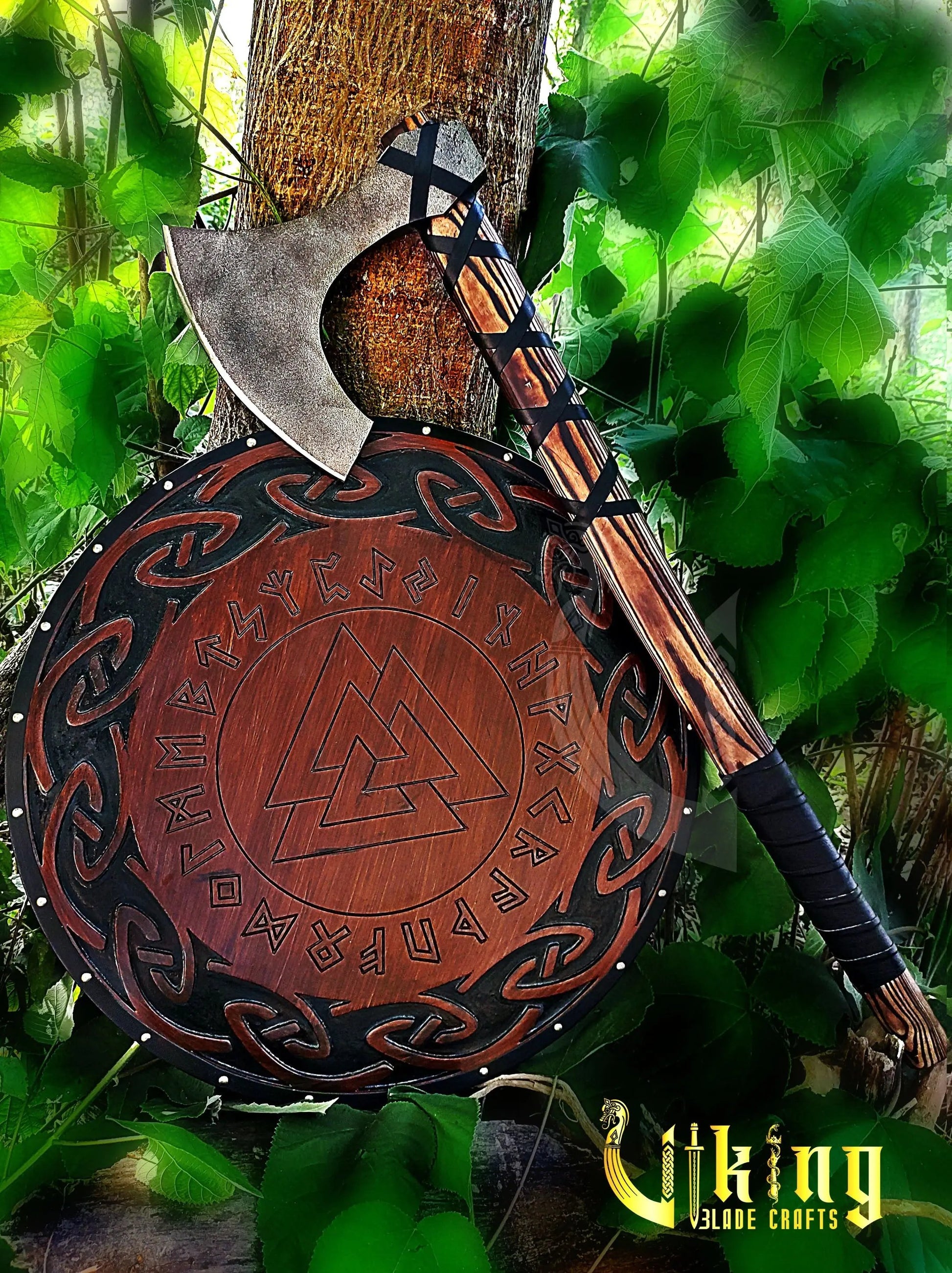 Handmade 36" Long Viking Battle Axe – High Carbon Steel Blade & Carved Raven Shield Viking_Blade_Crafts