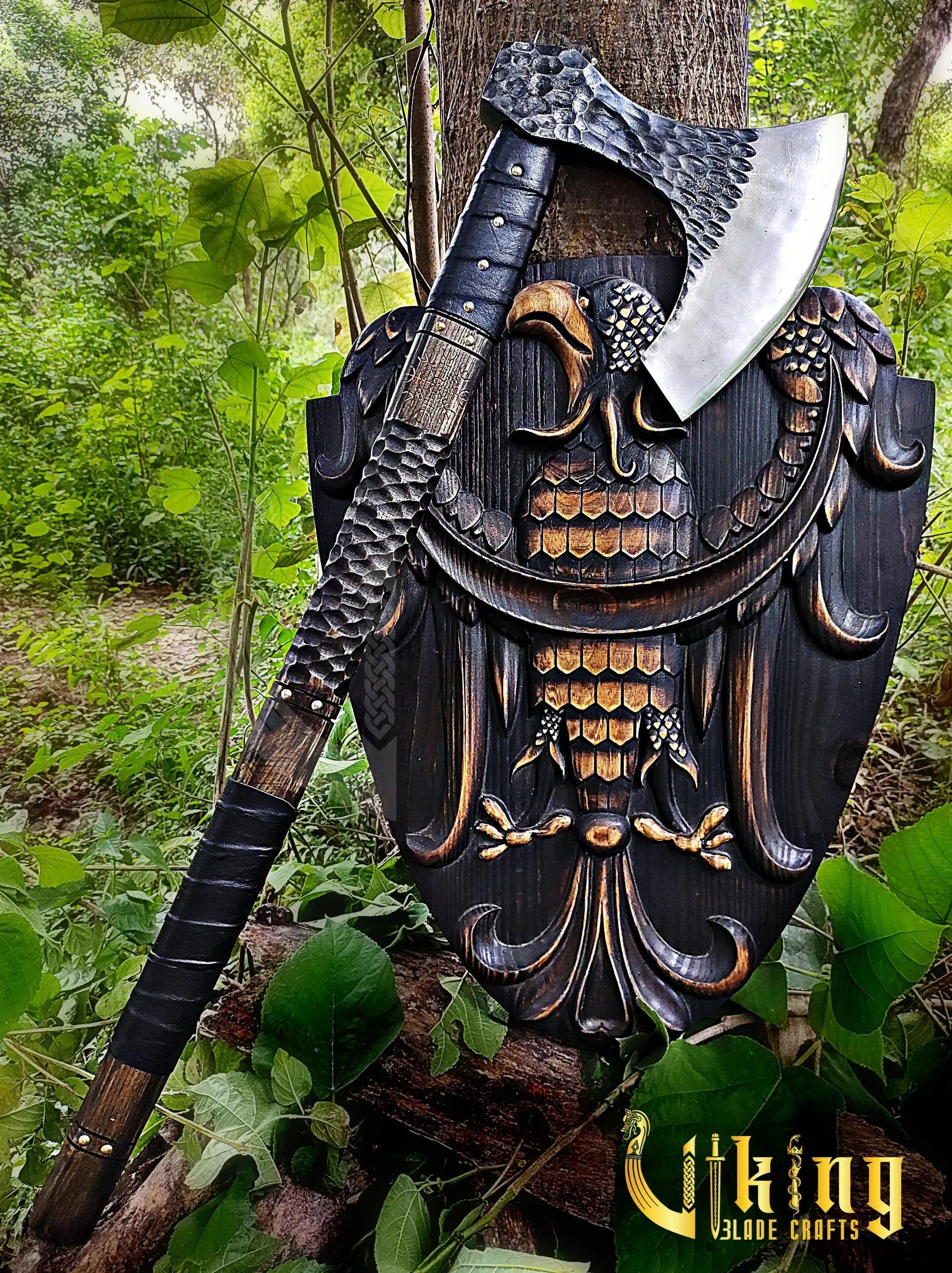 Handmade Vegvisir 36" Long Viking Axe & Carved Raven Shield – Norse Battle Set Viking_Blade_Crafts