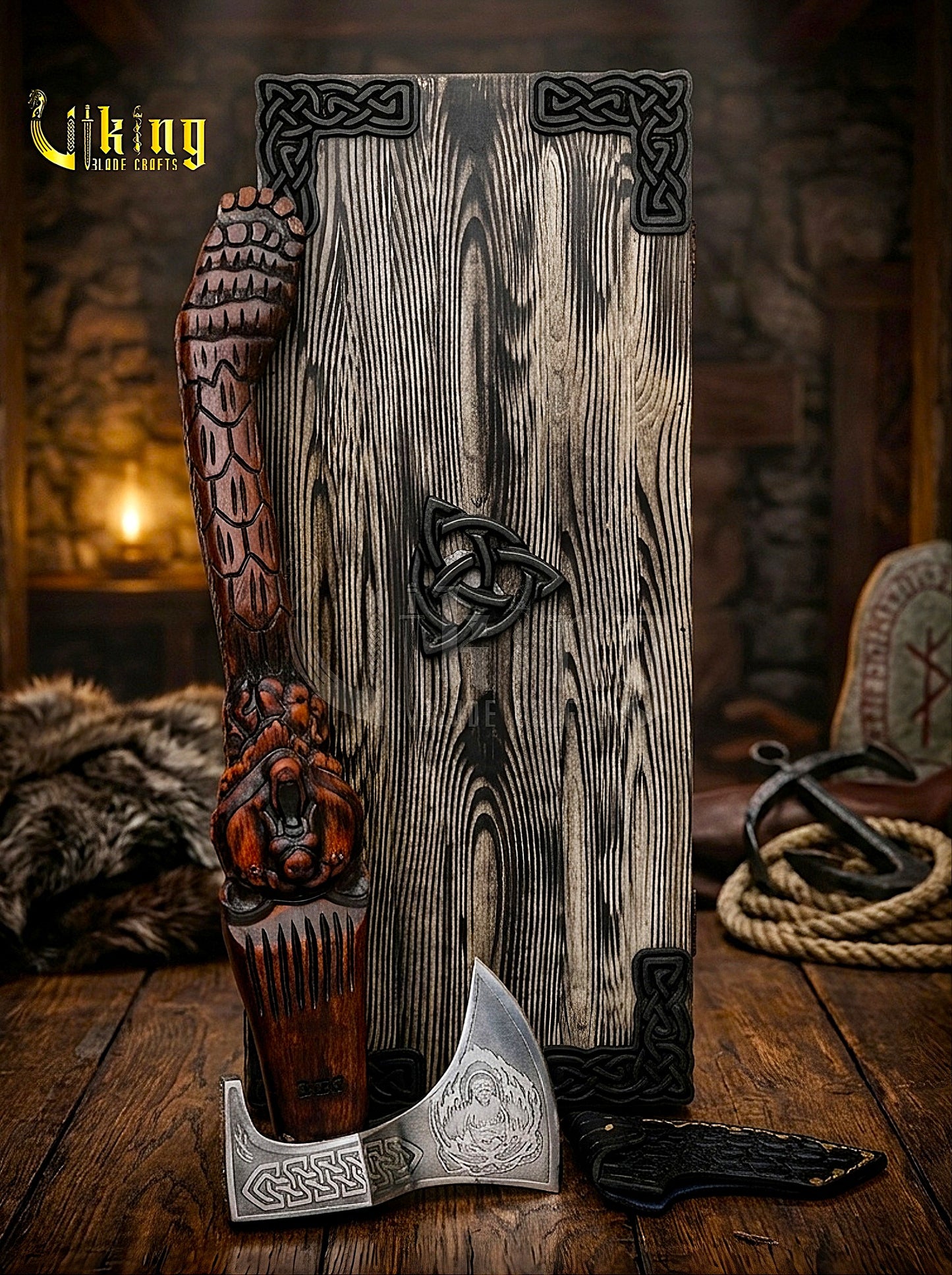 Norse bear axe with custom carved wood handle and leather sheath