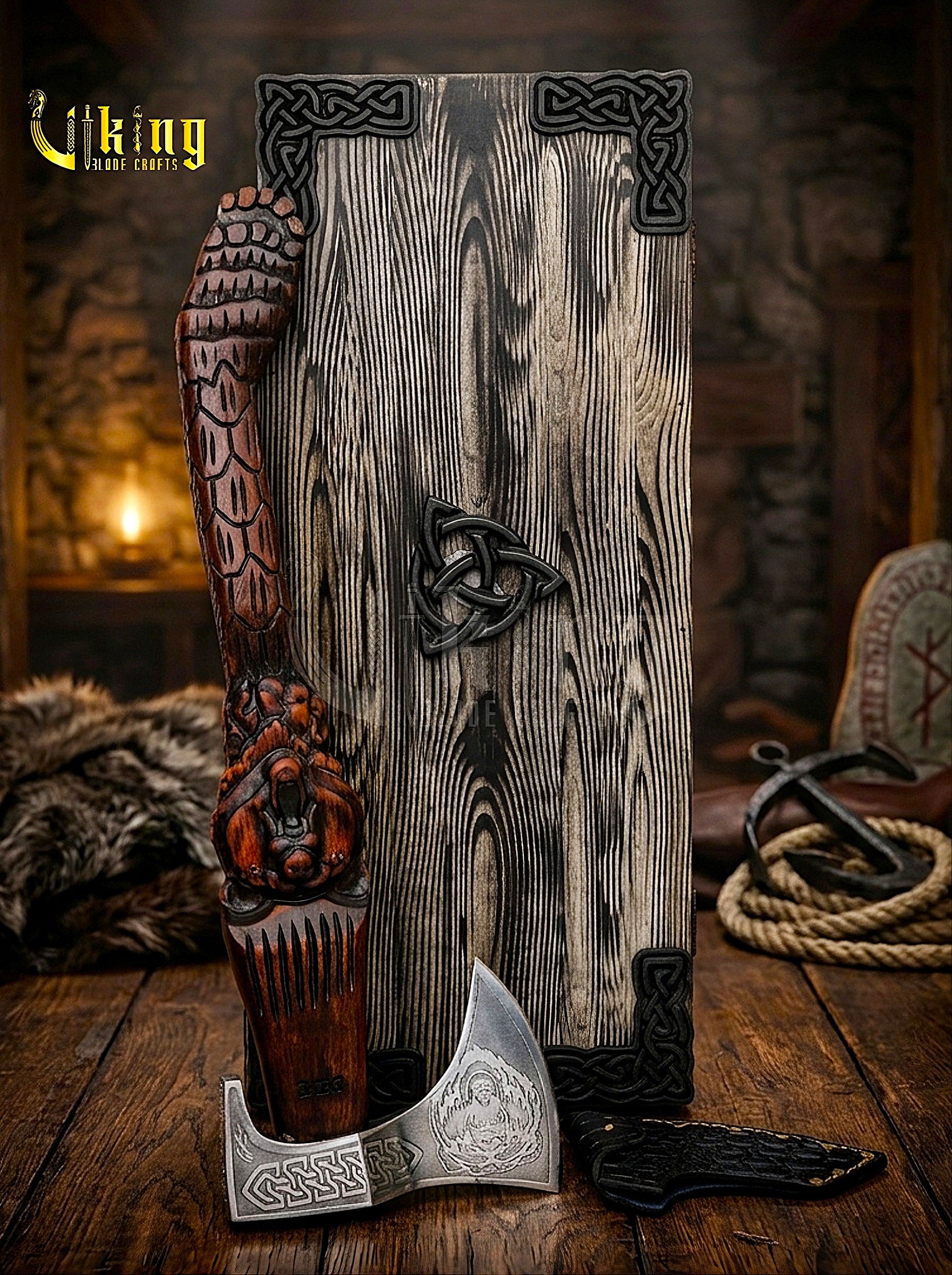 Norse bear axe with custom carved wood handle and leather sheath