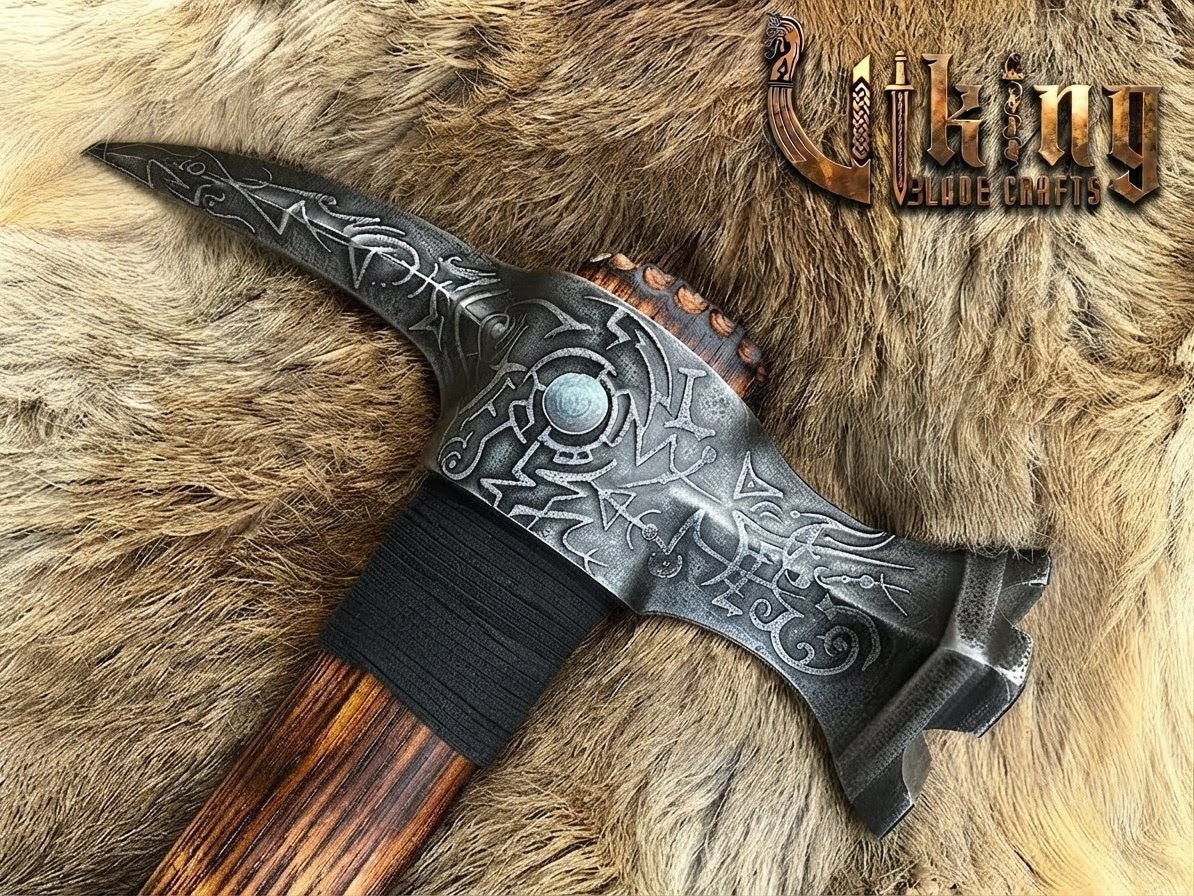 Skull War Hammer - Compact Engraved Carbon Steel Viking Hammer