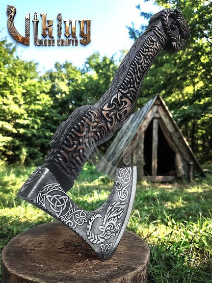 Hand-Forged 23" Norse Goat Carved Rosewood Axe | Goat Etched