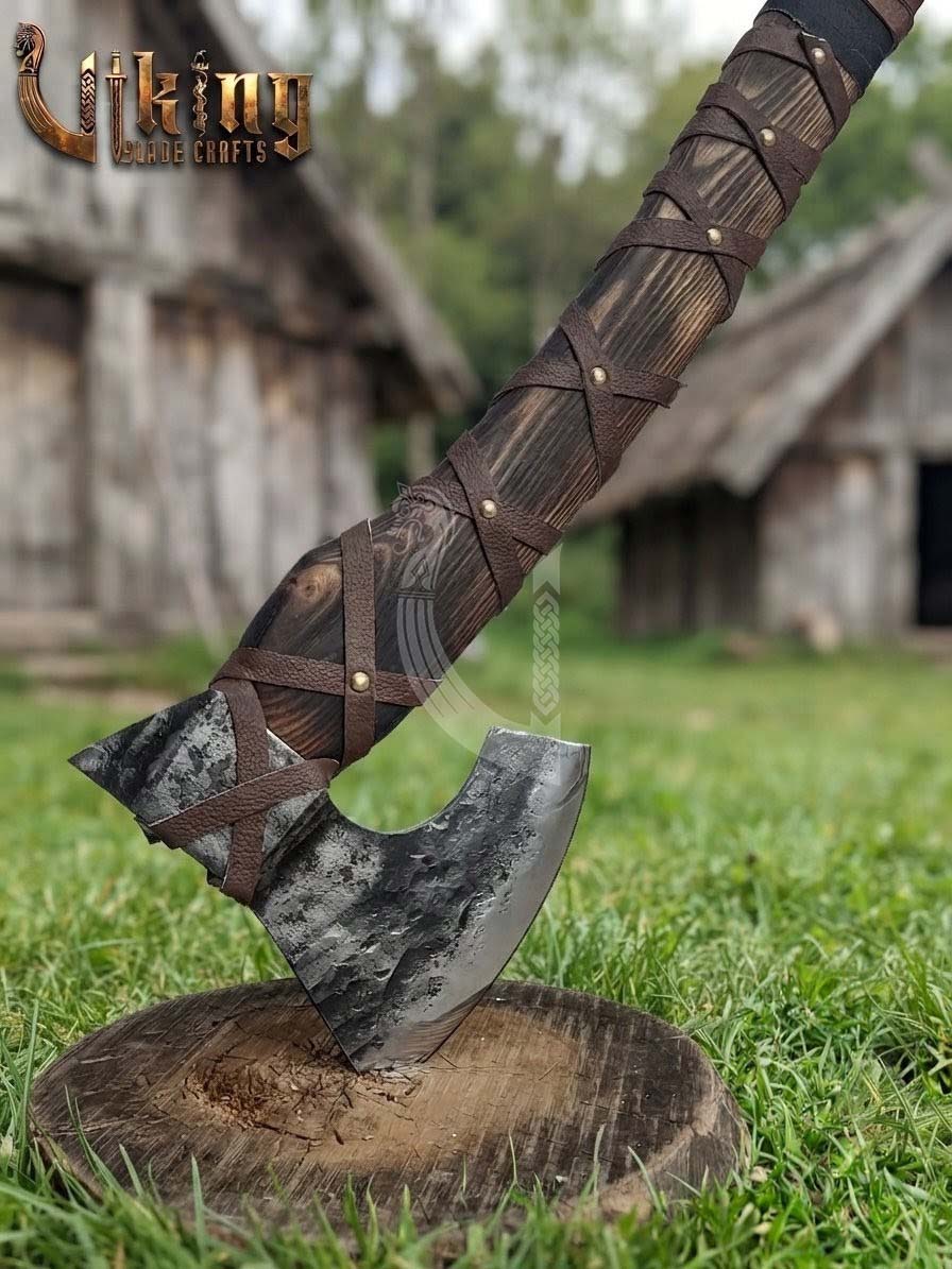 True Hand-Forged Viking Bearded Axe 30" | Leather-Wrapped Sculpted Skeggøx