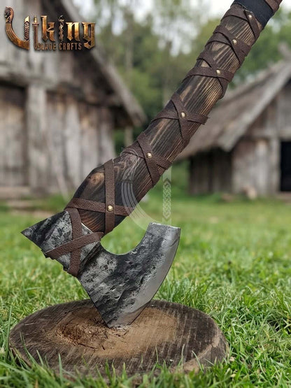 True Hand-Forged Viking Bearded Axe 30" | Leather-Wrapped Sculpted Skeggøx