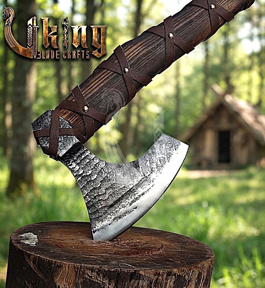 True Hand-Forged Viking Bearded Axe 30" | Leather-Wrapped Upswept Skeggøx