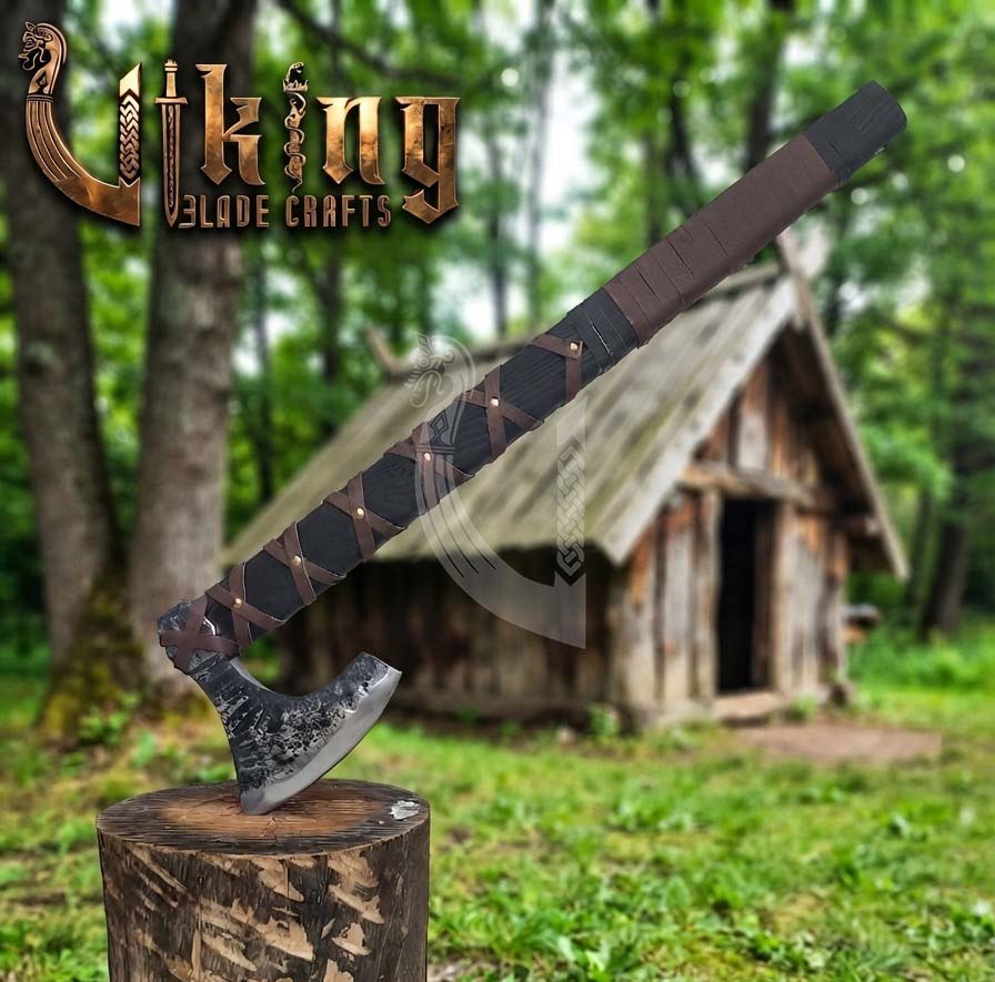 True Hand-Forged Viking Bearded Axe 30" | Leather-Wrapped Broad-Beard Skeggøx