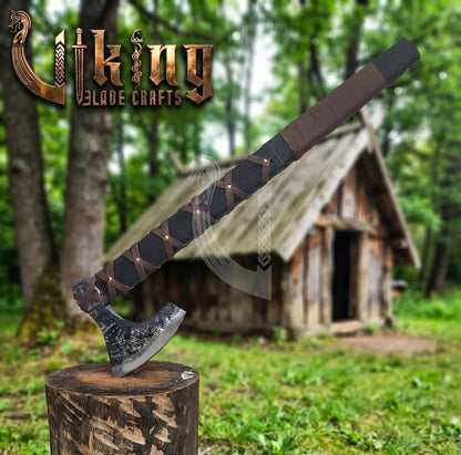 True Hand-Forged Viking Bearded Axe 30" | Leather-Wrapped Broad-Beard Skeggøx