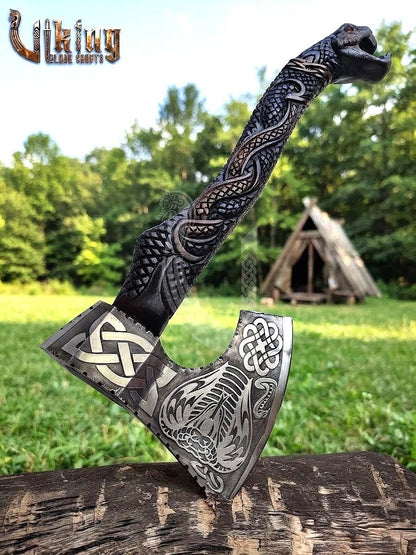 Hand-Forged Norse Serpent Carved Rosewood Axe 23" | Serpent Etched