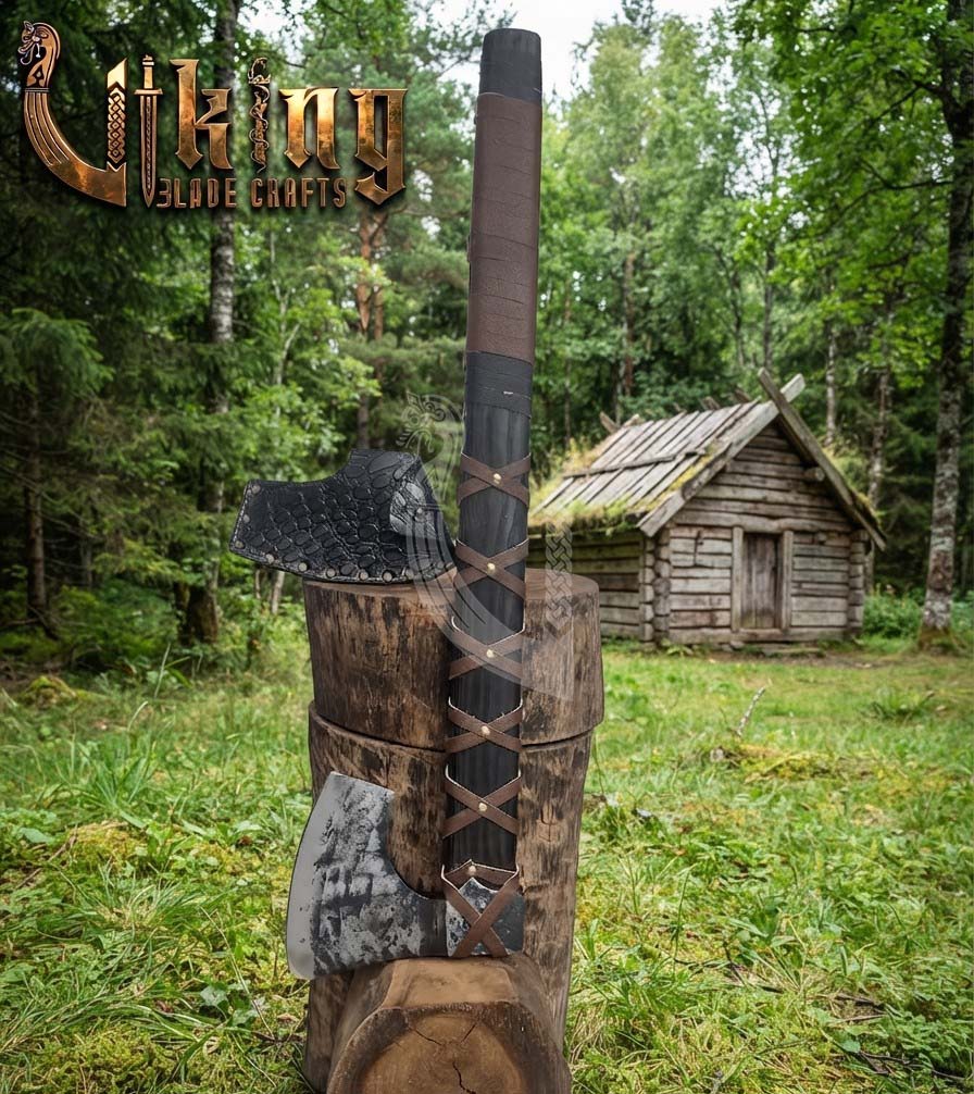 True Hand-Forged Viking Bearded Axe 30" | Leather-Wrapped Corrugated Skeggøx