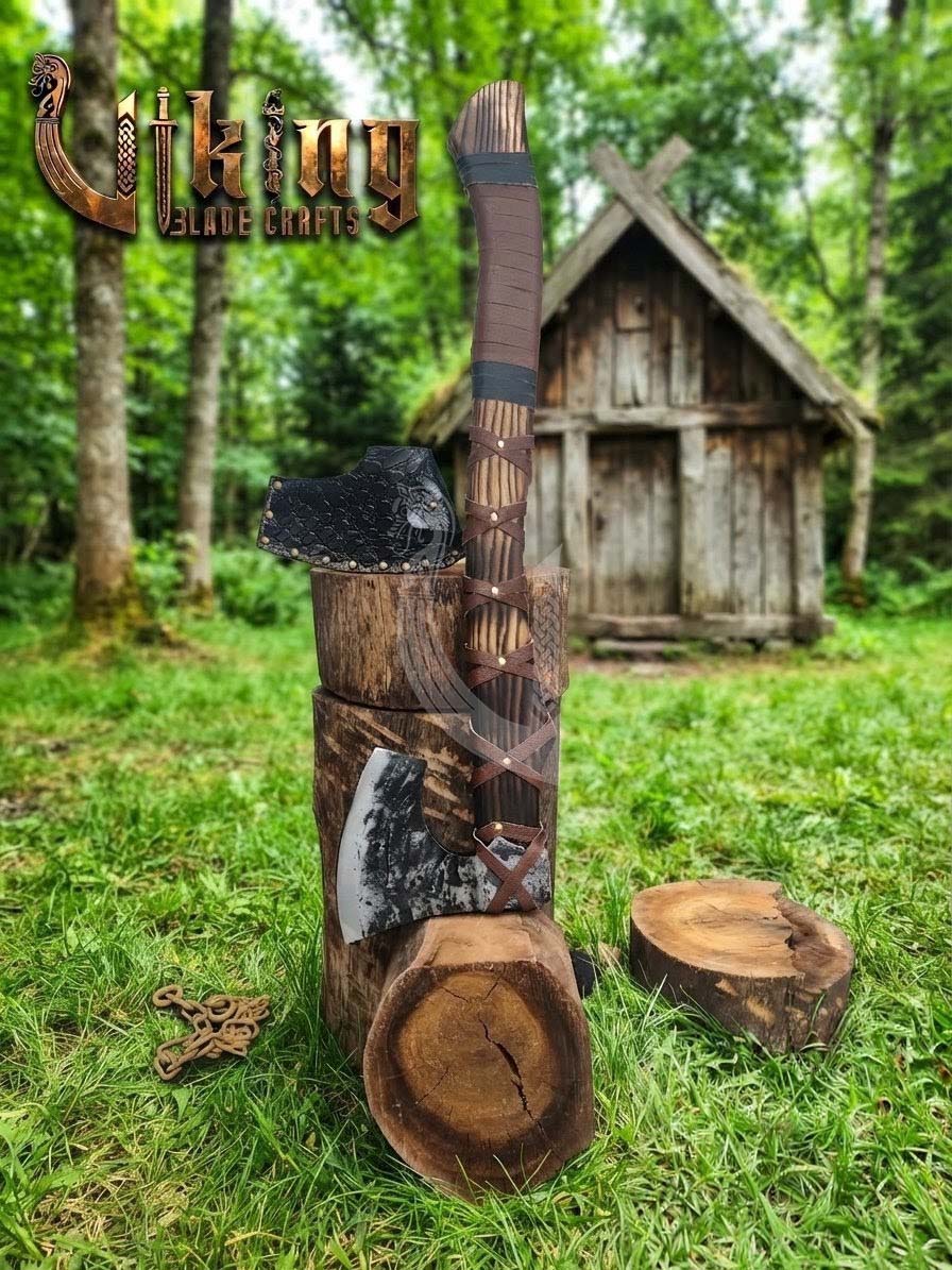 True Hand-Forged Viking Bearded Axe 30" | Leather-Wrapped Ergonomic Skeggøx