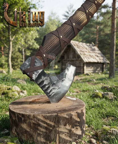 True Hand-Forged Viking Bearded Axe 30" | Leather-Wrapped Hammer-Peened Skeggøx