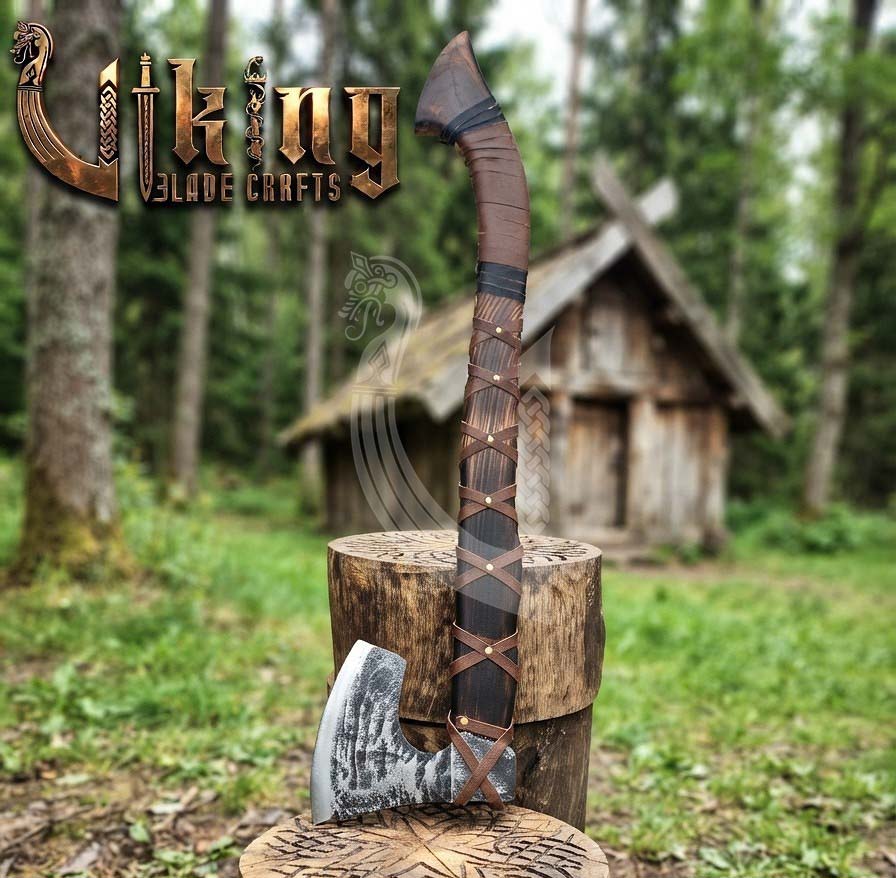 True Hand-Forged Viking Bearded Axe 30" | Leather-Wrapped Recurve Skeggøx