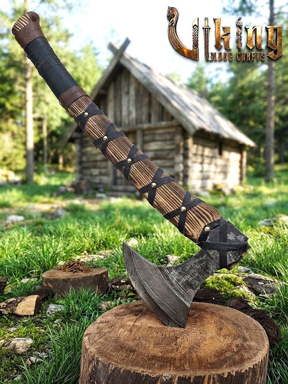 Ragnar-Inspired Damascus Viking Axe | Curved Ashwood Leather-Wrapped