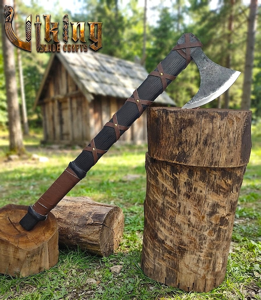 Ragnar-Inspired Viking Axe | Leather-Wrapped Bearded Axe