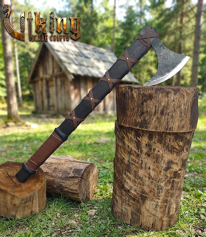 Ragnar-Inspired Viking Axe | Leather-Wrapped Bearded Axe