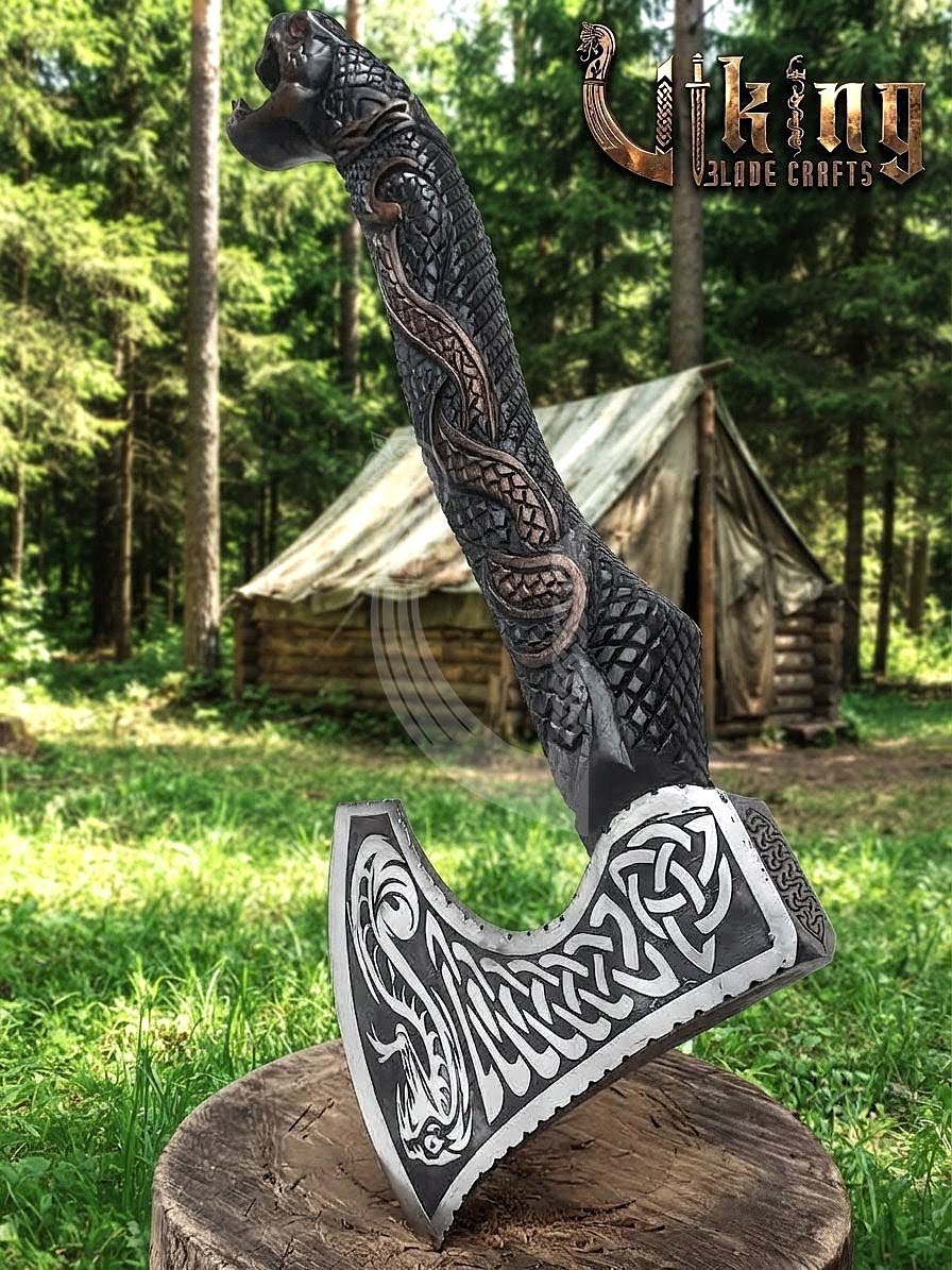 The Jormungandr Wrath 23" Hand-Forged Norse Serpent Carved Rosewood Axe
