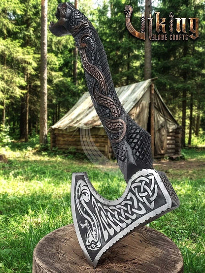 The Jormungandr Wrath 23" Hand-Forged Norse Serpent Carved Rosewood Axe