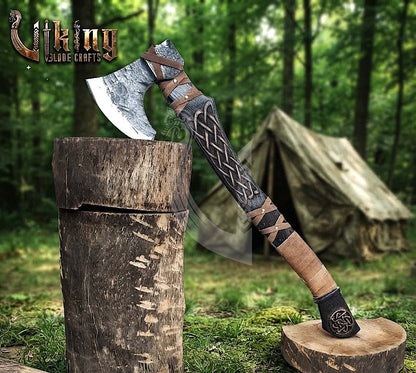 Ringerike-Style Viking Bearded Axe 30" | Curved Carved Haft & Flat Poll