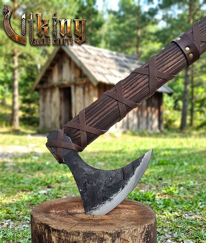 Ragnar-Inspired Viking Bearded Axe | Dark Brown Leather-Wrapped