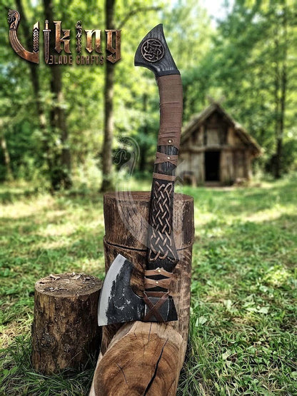 Hand-Forged Viking Bearded Axe 30" | Norse Knotwork Carved Curved Ashwood