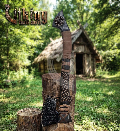Hand-Forged Viking Bearded Axe 30" | Norse Knotwork Carved Curved Ashwood