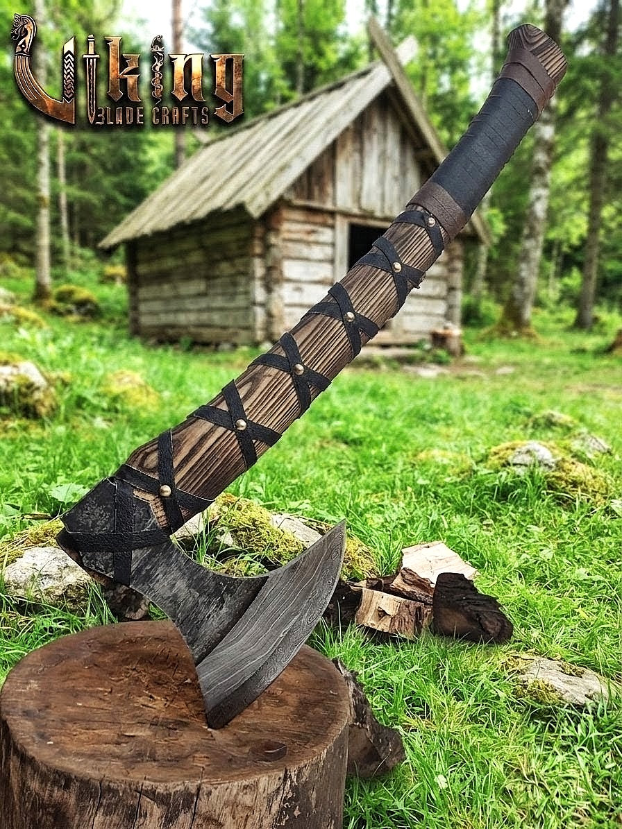 Ragnar-Inspired Damascus Viking Axe | Curved Ashwood Leather-Wrapped