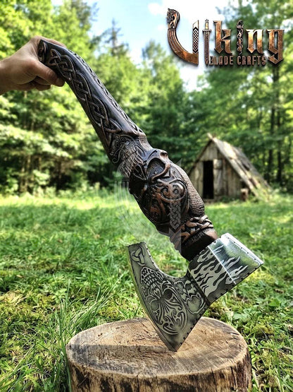 The Garmr’s Howl 23" Hand-Forged Skull Carved Rosewood Axe