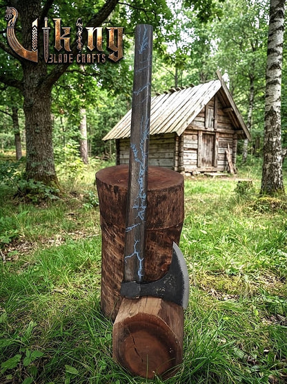 Ragnar-Inspired Viking Axe | Blue Engraved Ashwood Handle