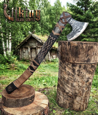 Mammen-Style Viking Axe 30" | Hand-Forged Bearded Axe with Carved Ashwood