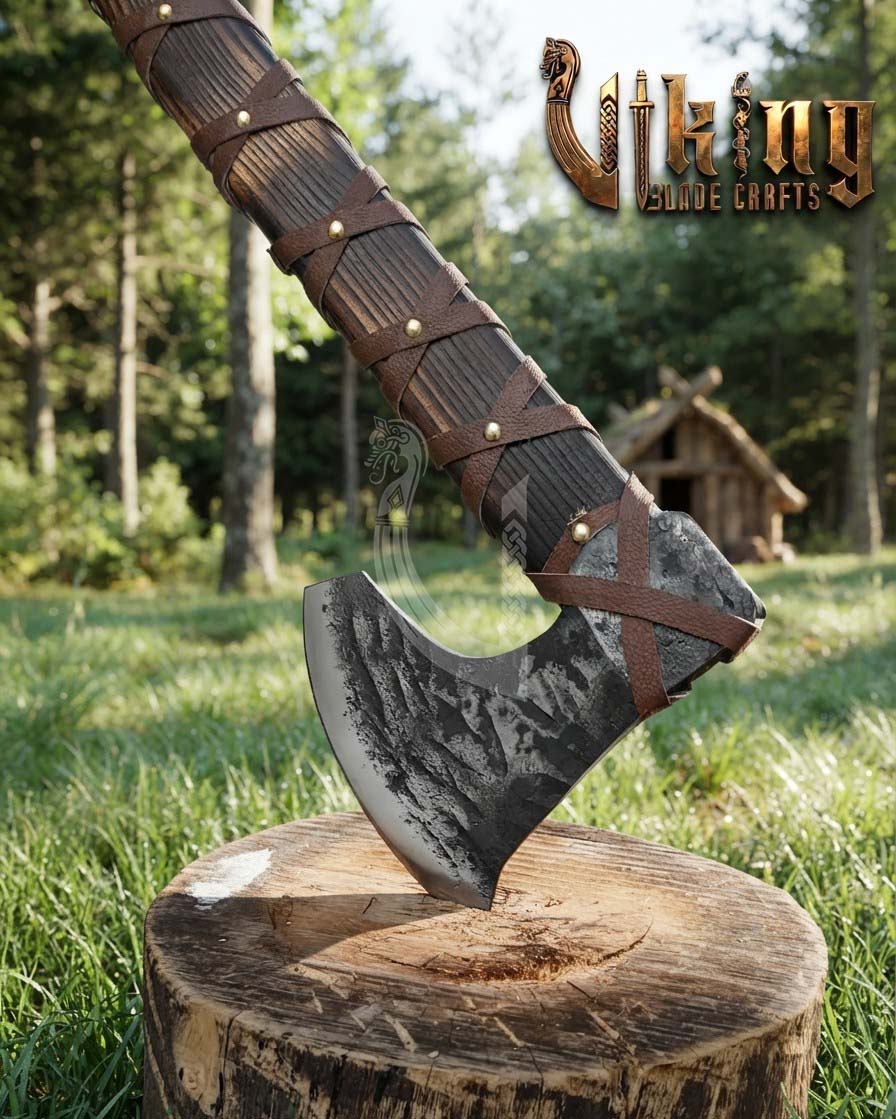 True Hand-Forged Viking Bearded Axe 30" | Leather-Wrapped Curved Skeggøx