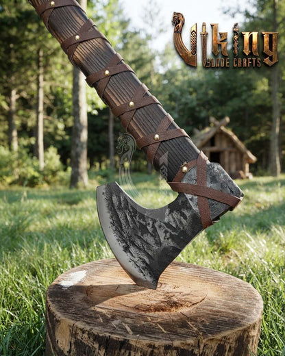 True Hand-Forged Viking Bearded Axe 30" | Leather-Wrapped Curved Skeggøx
