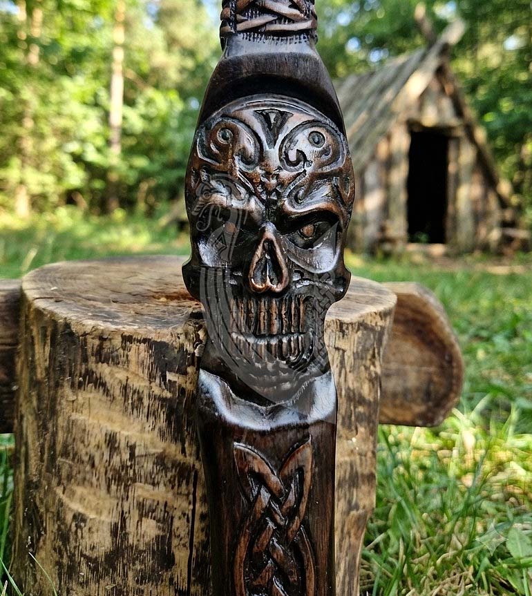Hand-Forged 23" Norse Skull Carved Rosewood Axe | Skull Etched
