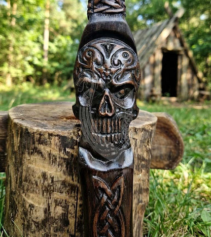 Hand-Forged 23" Norse Skull Carved Rosewood Axe | Skull Etched