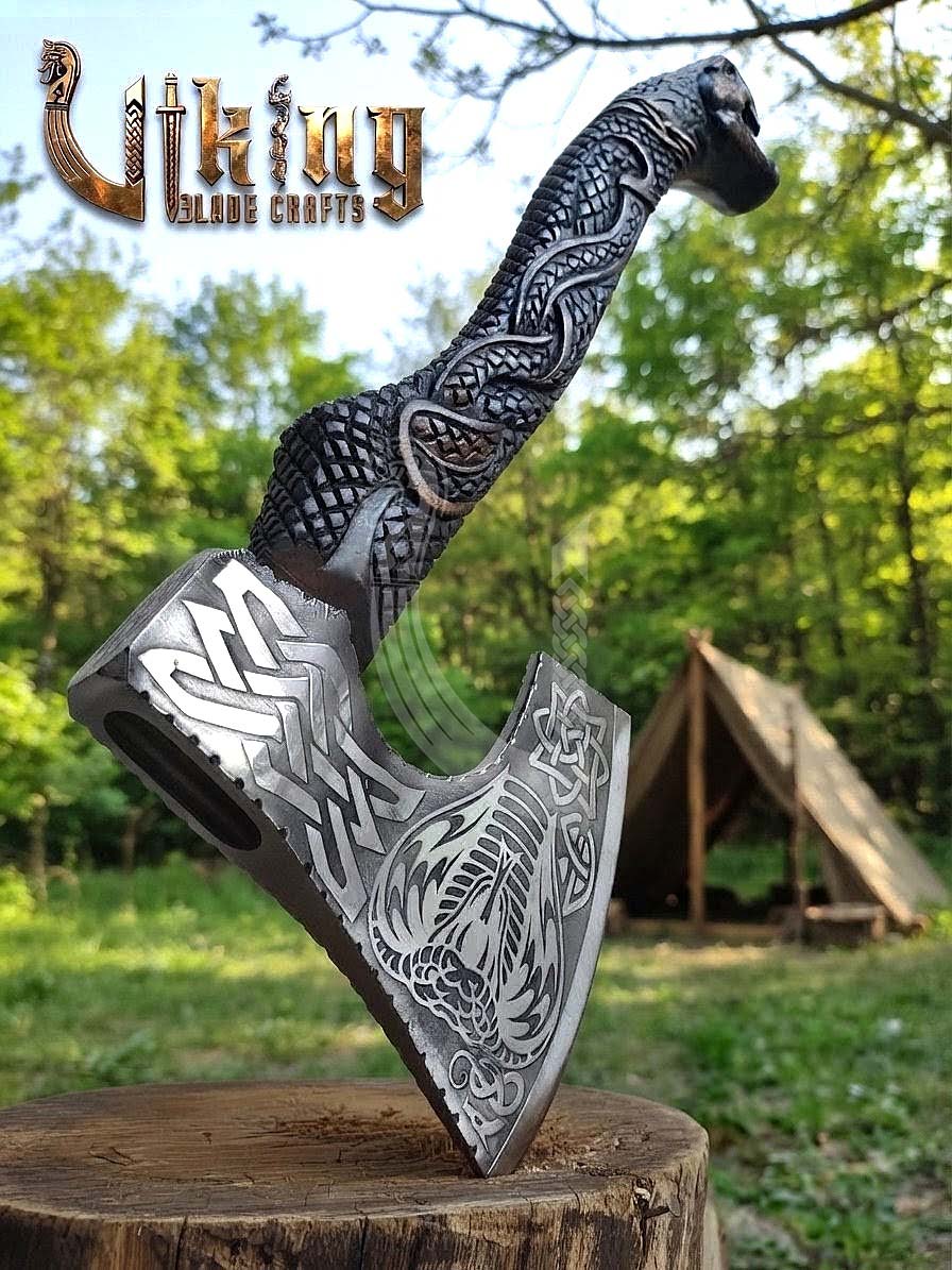The Wyrm’s Fang 23" Hand-Forged Norse Carved Serpent Rosewood Axe
