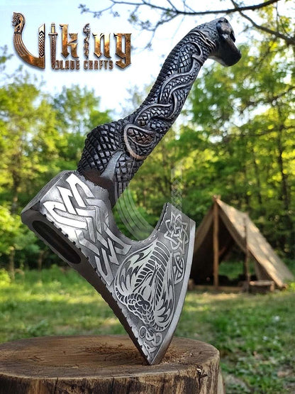 The Wyrm’s Fang 23" Hand-Forged Norse Carved Serpent Rosewood Axe