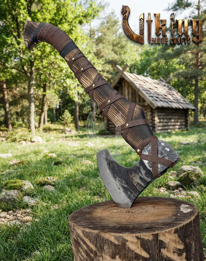 True Hand-Forged Viking Bearded Axe 30" | Leather-Wrapped Hammer-Peened Skeggøx