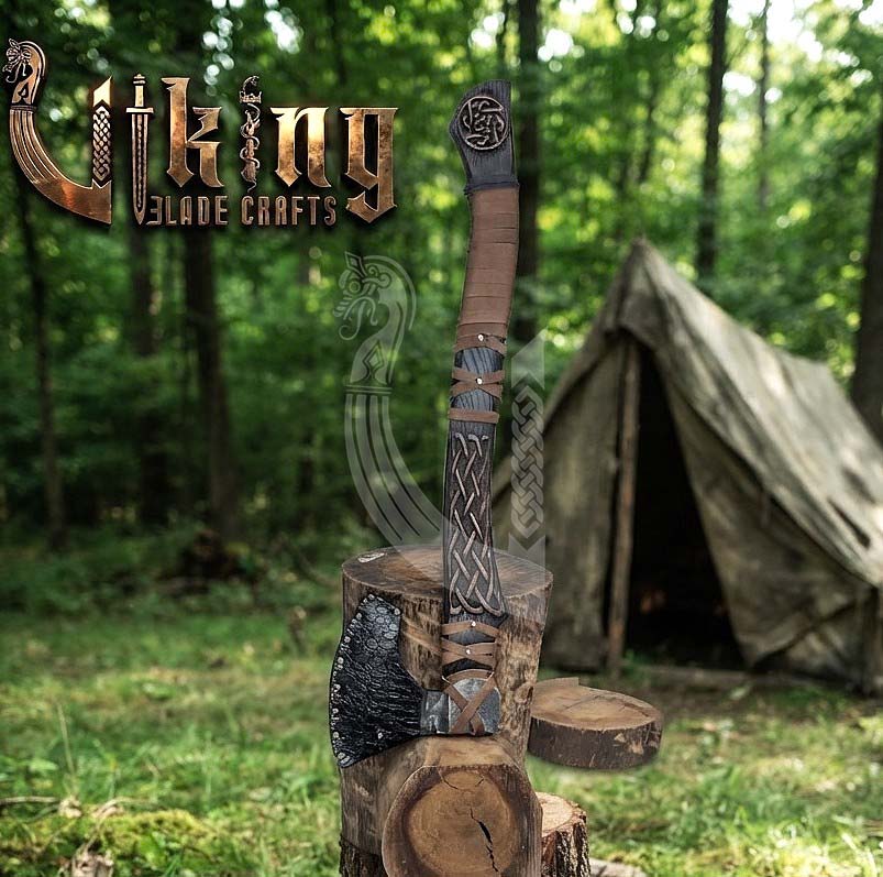 Ringerike-Style Viking Bearded Axe 30" | Curved Carved Haft & Flat Poll