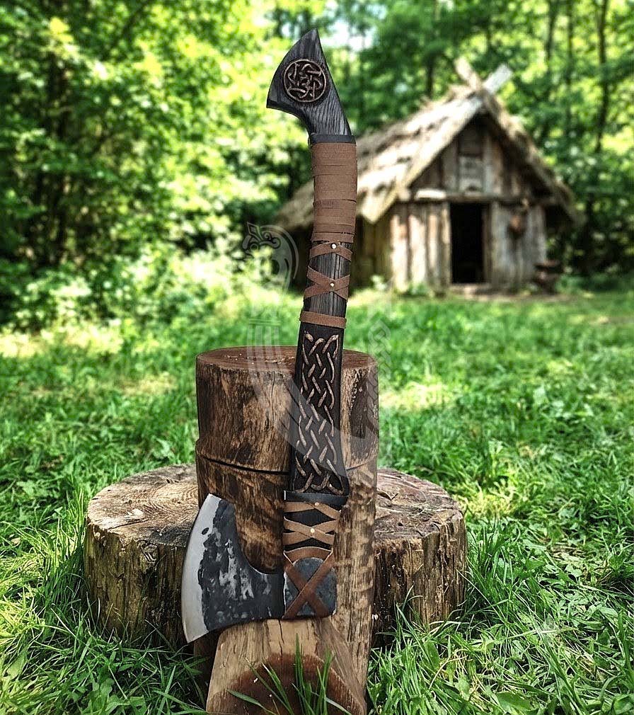 Hand-Forged Viking Bearded Axe 30" | Urnes-Style Knotwork Carved Ashwood