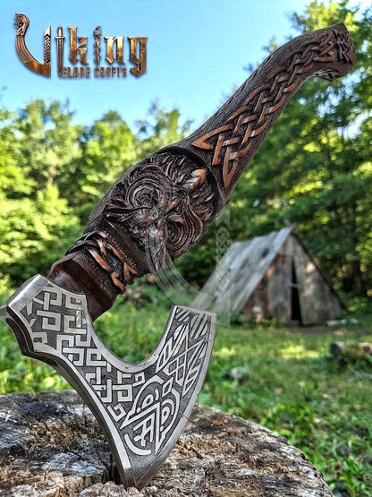 Norse Owl 23" Rosewood Axe | Hand-Forged & Carved Viking Axe