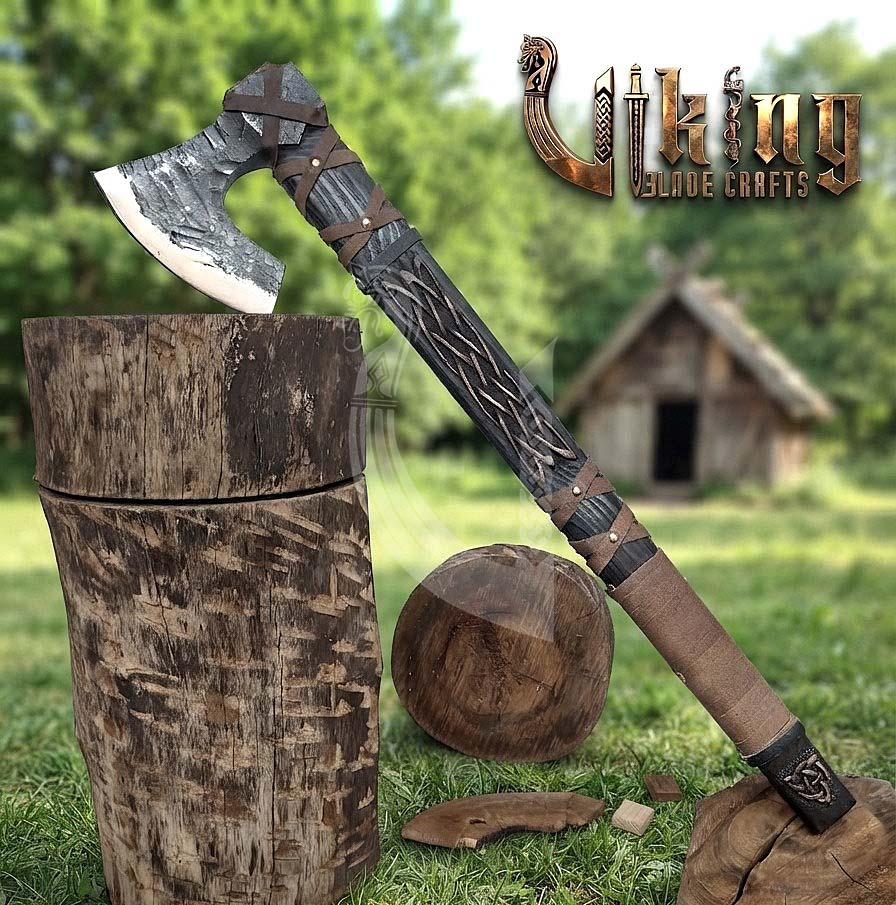 Ragnar-Inspired Viking Axe | Hand-Forged Knotwork Carved Ashwood