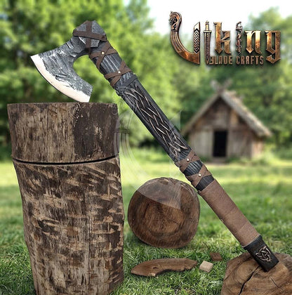 Ragnar-Inspired Viking Axe | Hand-Forged Knotwork Carved Ashwood