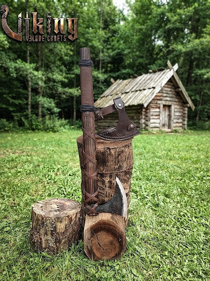 Ragnar-Inspired Viking Bearded Axe | Dark Brown Leather-Wrapped