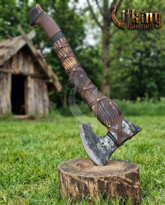 True Hand-Forged Viking Bearded Axe 30" | Leather-Wrapped Sculpted Skeggøx