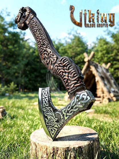 Hand-Forged 23" Norse Goat Carved Rosewood Axe | Goat Etched