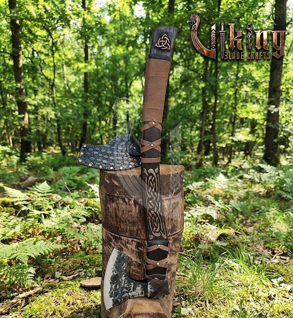 Jelling-Style Viking Axe 30" | Hand-Forged Bearded Axe with Carved Ashwood