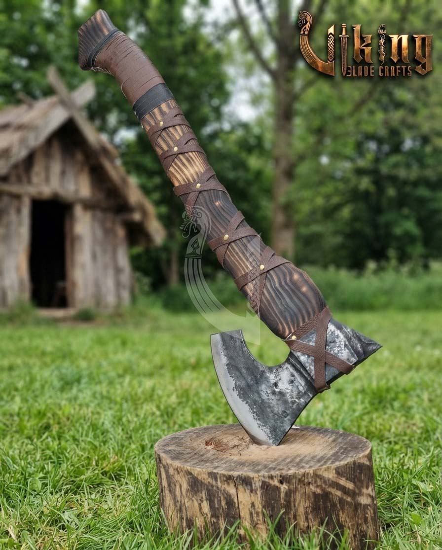 True Hand-Forged Viking Bearded Axe 30" | Leather-Wrapped Sculpted Skeggøx